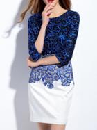 Romwe Blue Color Block Embroidered Sheath Dress