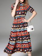Romwe Multicolor Elastic-waist Tribal Print Dress