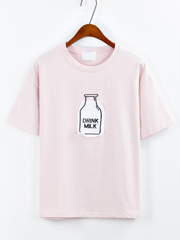 Romwe Embroidered Milk Bottle T-shirt - Pink