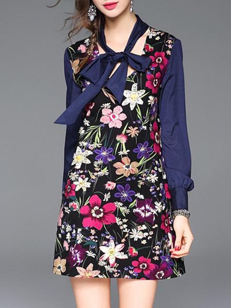Romwe Blue Tie Neck Floral Shift Dress