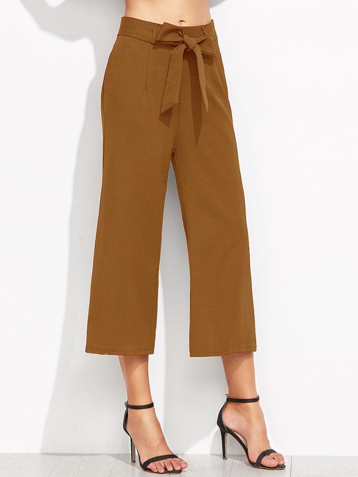 Romwe Brown Self Tie Wide Leg Pants