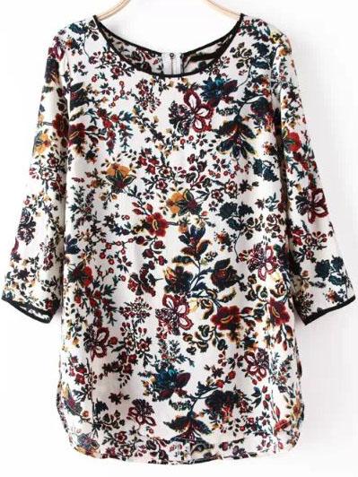 Romwe White Quarter Sleeve Split Floral Blouse