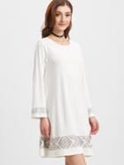 Romwe White Embroidered Detail Long Sleeve Tunic Dress