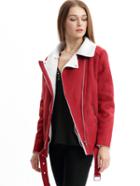 Romwe Wine Red Long Sleeve Lapel Quilted Zipper Coat