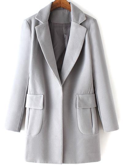 Romwe Lapel Pockets Covered Button Long Grey Coat