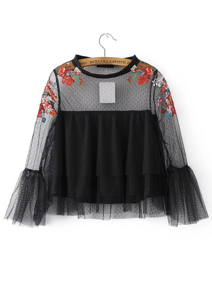 Romwe Black Embroidery Bell Cuff Mesh Blouse