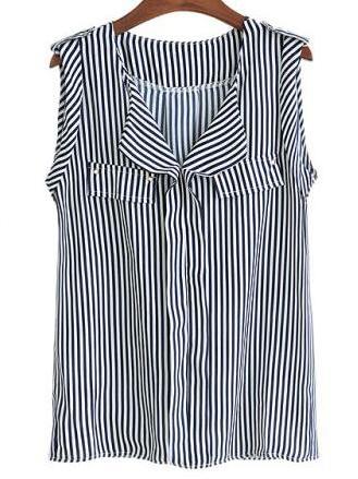 Romwe Navy Striped Sleeveless Chiffon Blouse