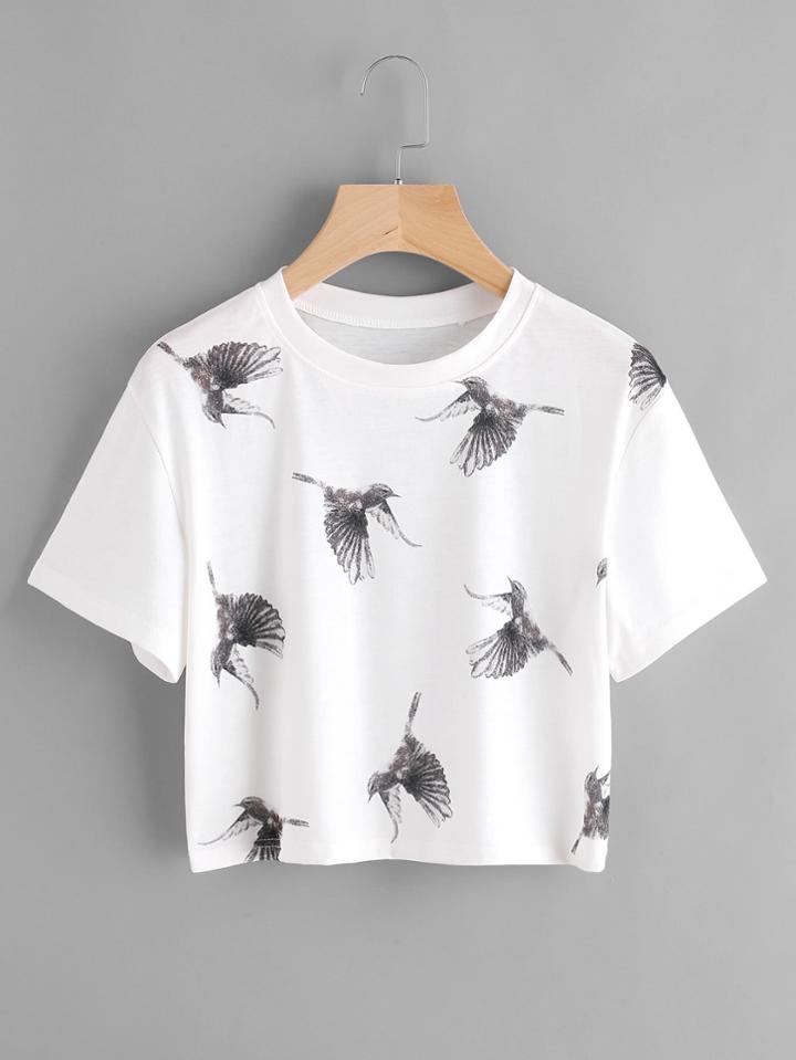 Romwe Birds Print Crop Tee