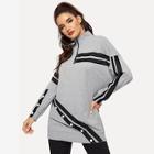 Romwe Zip Half Placket Buttoned Embellished Striped Pullover