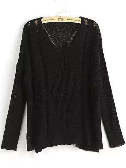 Romwe V Neck Side Split Hollow Black Sweater
