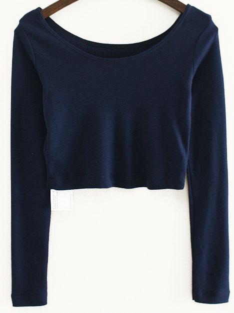 Romwe Blue Long Sleeve Crop T-shirt