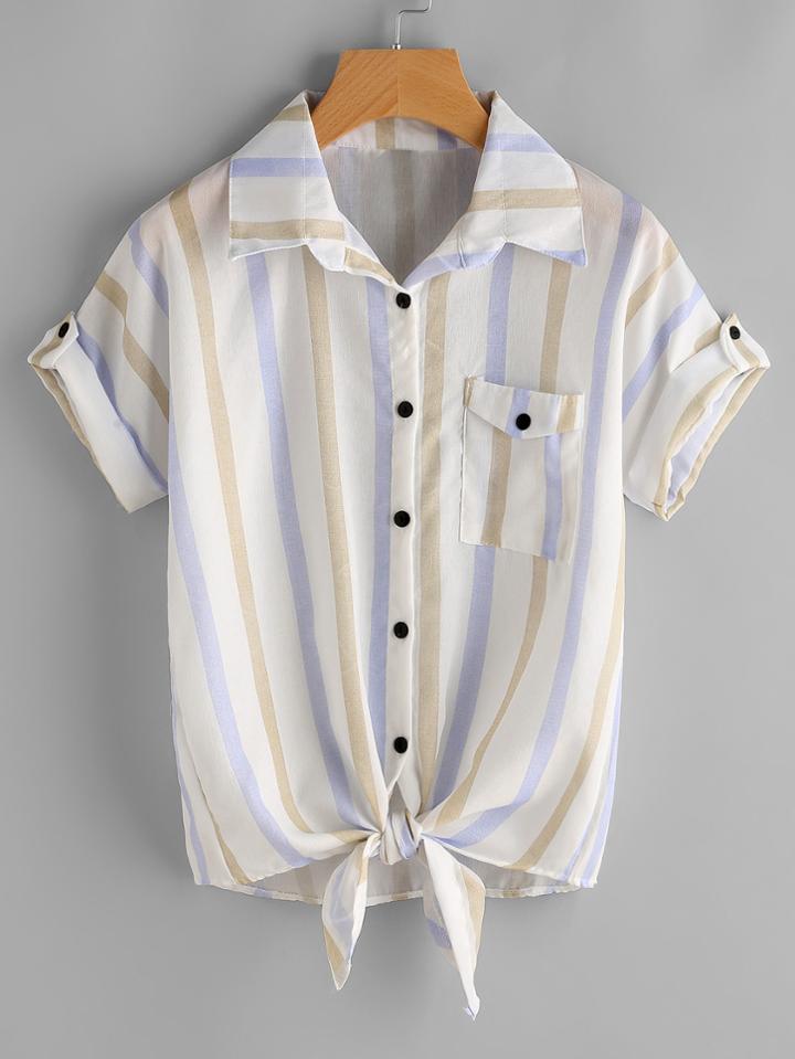 Romwe Striped Tie Front Cuffed Shirt With Chest Pocket