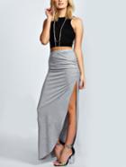 Romwe Sleeveless Crop Top With Slit Grey Skirt