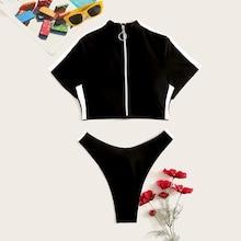 Romwe Zipper Front Short Sleeves Two Piece Swimwear