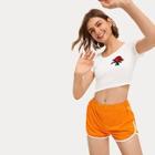 Romwe Appliques Crop Top With Binding Trim Shorts