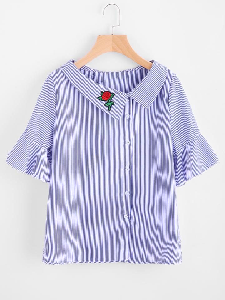 Romwe Fold Over Neckline Rose Patch Pinstriped Blouse