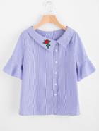 Romwe Fold Over Neckline Rose Patch Pinstriped Blouse