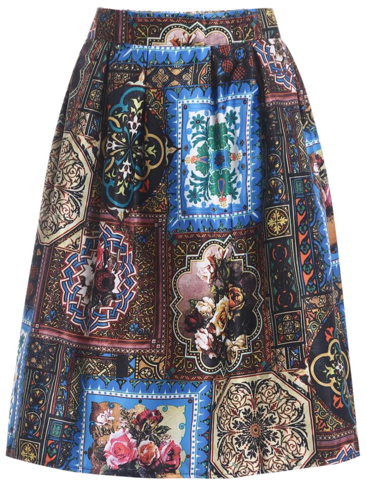 Romwe Vintage Print Flare Yellow Skirt