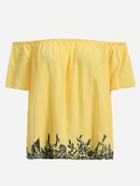 Romwe Yellow Off The Shoulder Embroidered Top