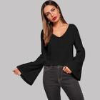Romwe Bell Sleeve Ribbed Solid Sweater