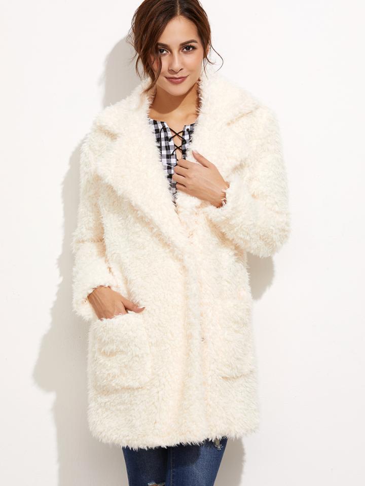 Romwe White Pocket Front Hidden Button Fluffy Coat
