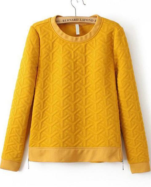 Romwe Zipper Jacquard Yellow Sweatshirt