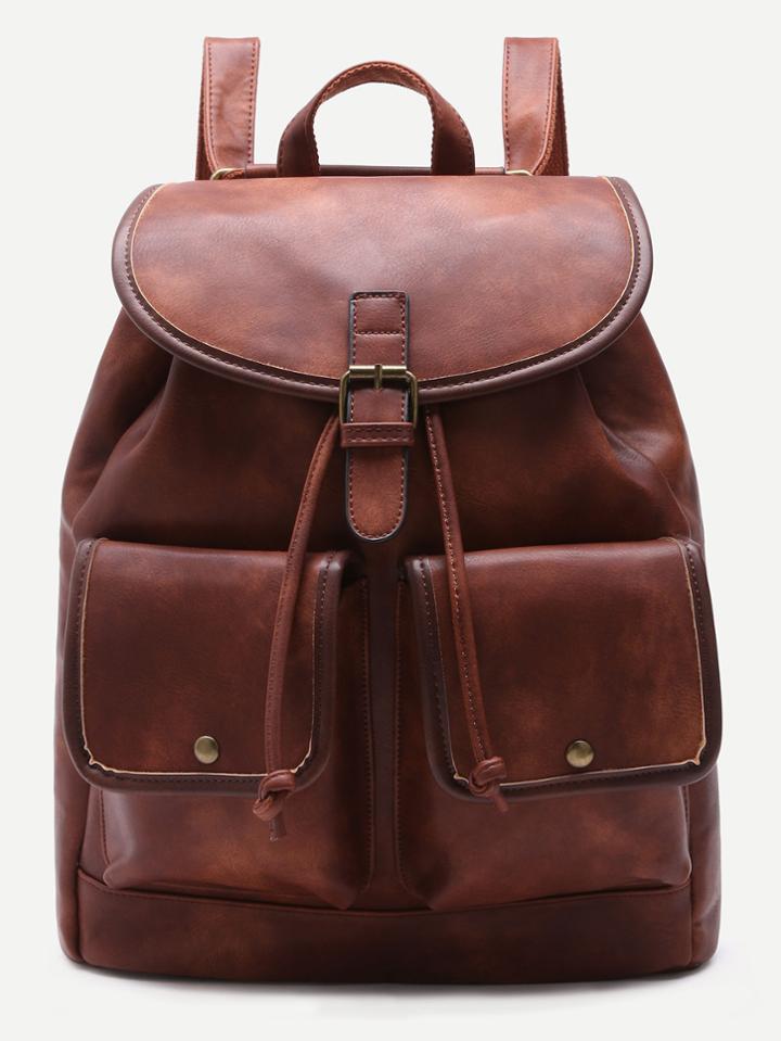 Romwe Coffee Pu Double Pocket Drawstring Backpack
