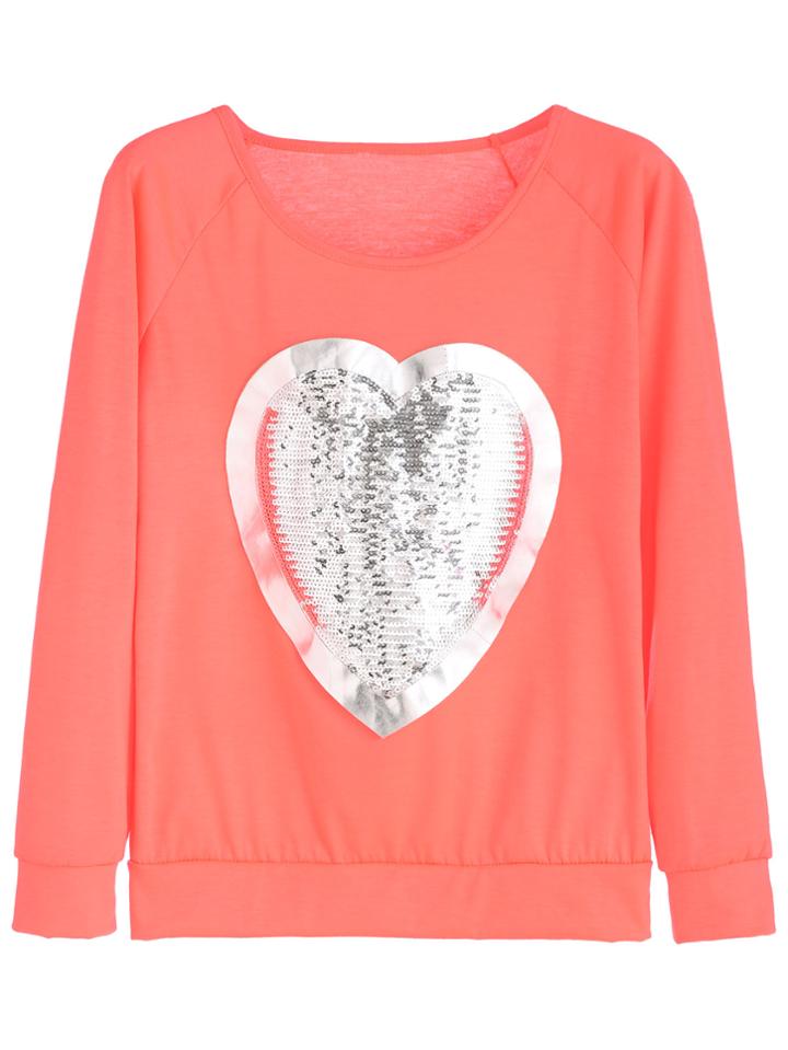 Romwe Raglan Sleeve Heart Sequin Sweatshirt