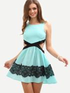 Romwe Lace Applique Cutout Sleeveless Skater Dress - Sky Blue