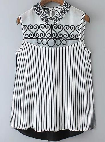 Romwe Lapel Embroidered Vertical Striped Top