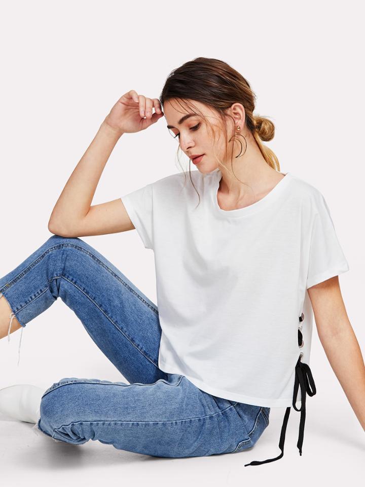 Romwe Grommet Lace Up Side Tee