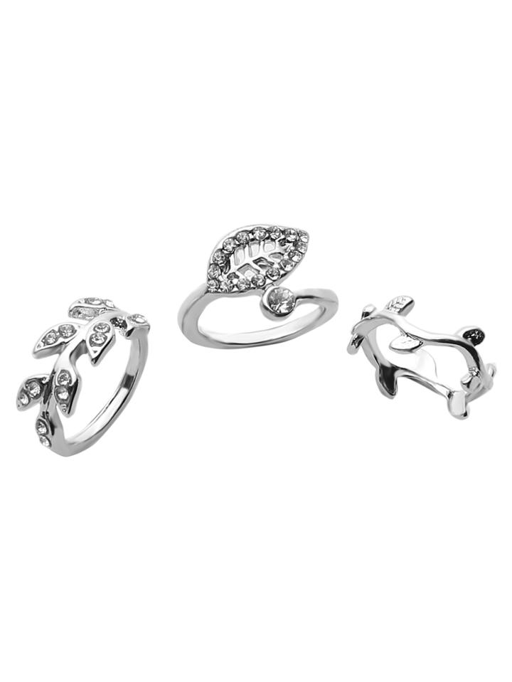 Romwe 3pcs Silver Plated Rhinestone Leaf Ring Set