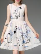 Romwe Apricot Crane Embroidered A-line Dress