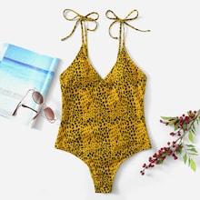 Romwe Leopard Print Low Back One Piece Swimsuit