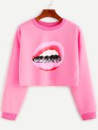 Romwe Pink Mouth Print Drop Shoulder Crop Sweatshirt