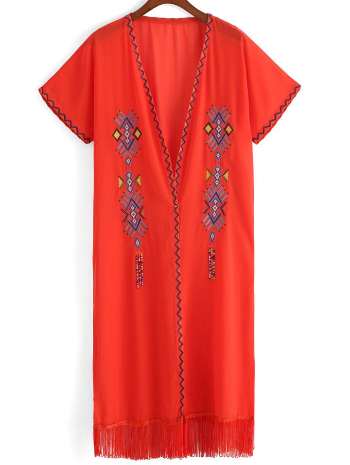 Romwe Geometric Embroidered With Tassel Chiffon Top