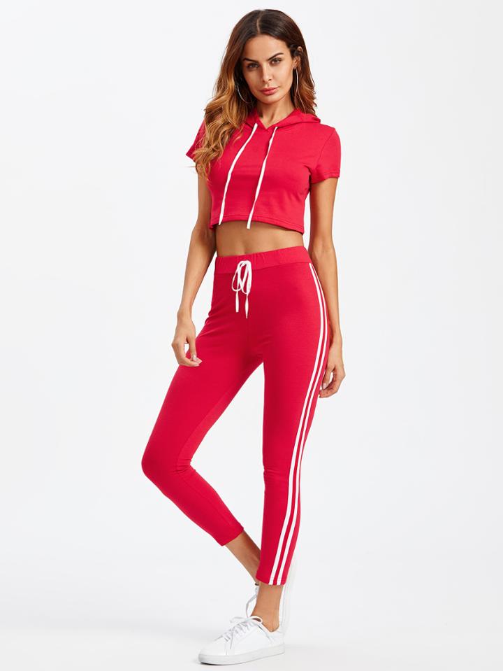 Romwe Tape Side Crop Hooded Tee With Leggings