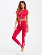 Romwe Tape Side Crop Hooded Tee With Leggings