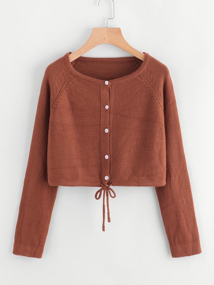 Romwe Self Tie Hem Button Front Crop Sweater