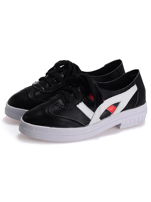 Romwe Black Round Toe Shoelace Casual Pu Flats