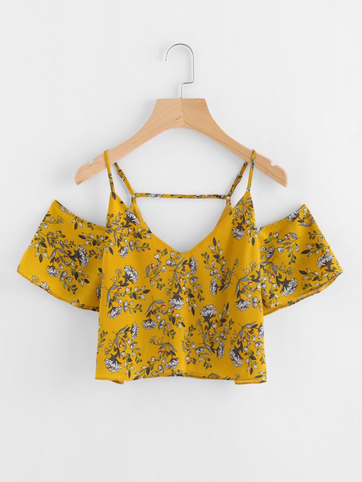 Romwe V Neckline Open Shoulder Printed Random Top