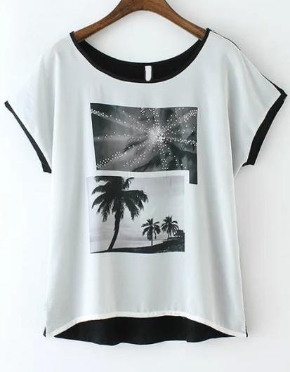 Romwe Color-block Tree Print T-shirt
