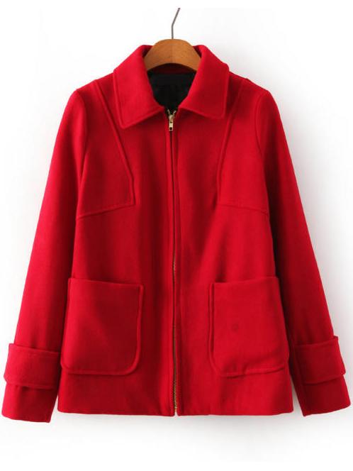 Romwe Lapel Zipper Pockets Red Coat