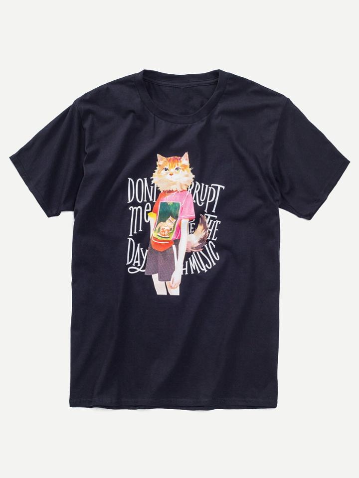 Romwe Letter And Cartoon Print Tee