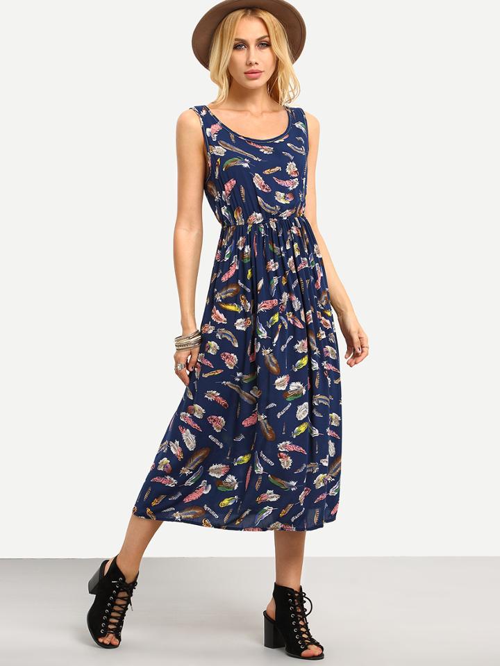Romwe Feather Print Sleeveless Long Dress