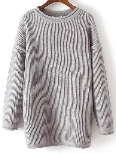 Romwe Crew Neck Rib Grey Sweater