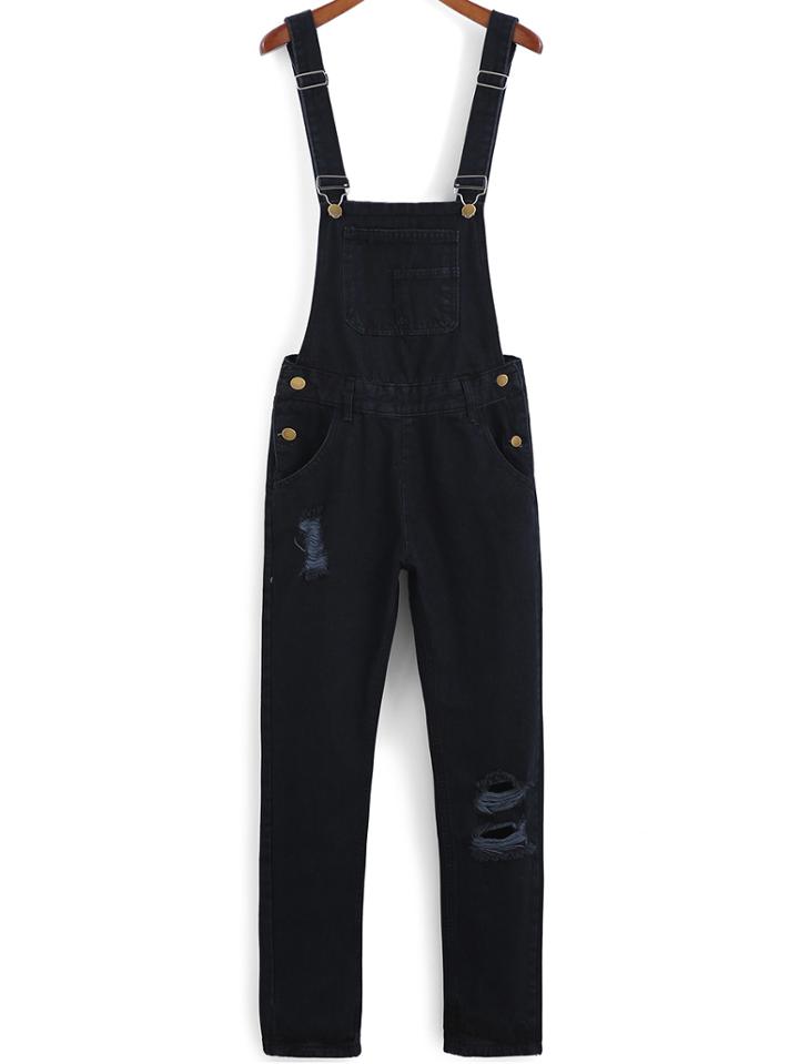 Romwe Straps Ripped Denim Black Jumpsuit