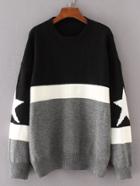 Romwe Star Detail Color Block Sweater