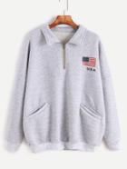 Romwe Grey American Flag Print Zip Detail Front Pocket Sweatshirt
