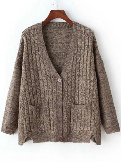 Romwe V Neck Slit Buttons Pockets Dolman Coffee Coat